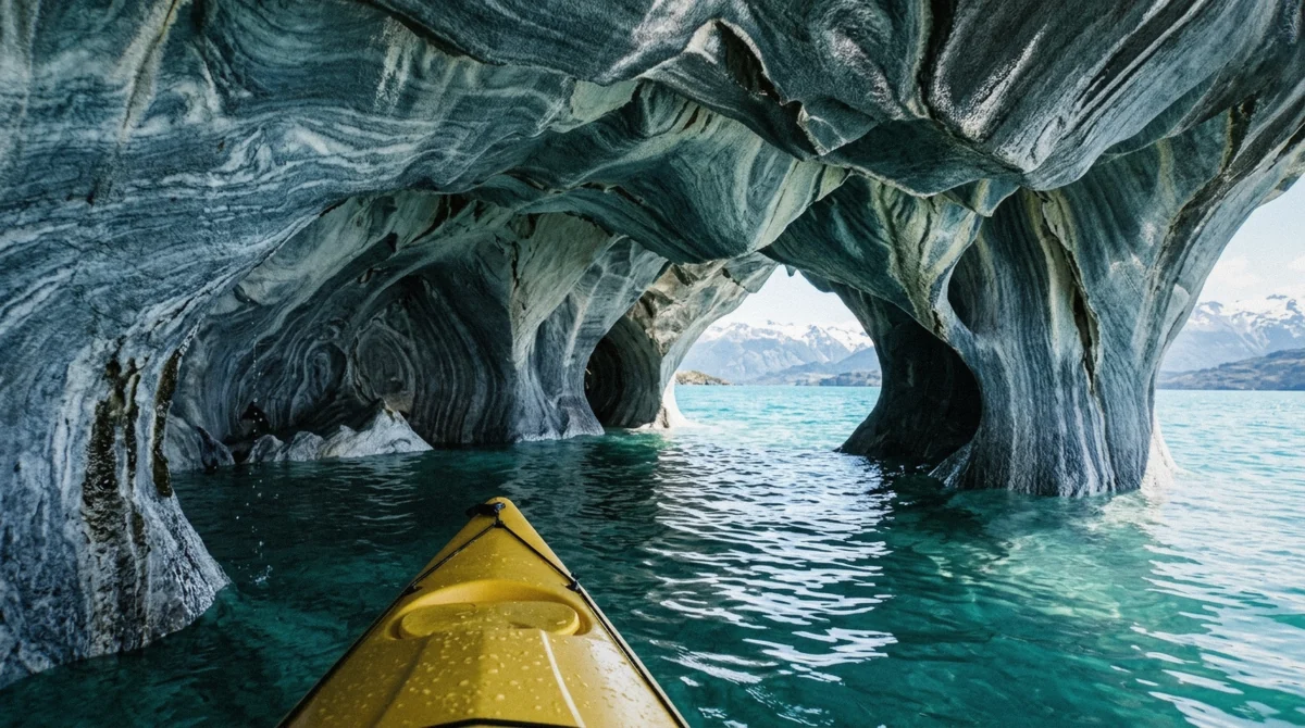 Swirling blue and grey walls inside the Marble Cathedral, seen from a marble caves Chile kayak tour on Lago General Carrera