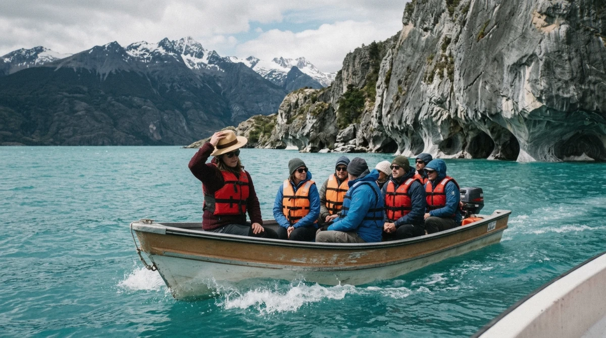 Small tour boat crossing turquoise Lago General Carrera toward the marble caves Chile formations under morning light